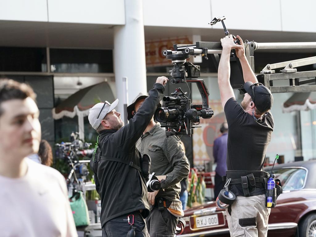 The film crew sets up in Pirie St. Picture: AAP/Mike Burton