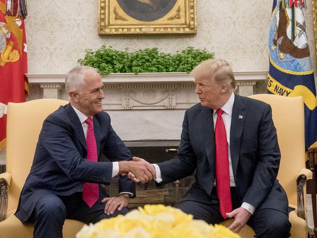 The Trump handshake is much-analysed around the world, with leaders such as Teresa May, Angela Merkel and Shinzo Abe all receiving a different level of grip. His handshake with Malcolm Turnbull in the Oval Office was perfectly normal. Picture: AP