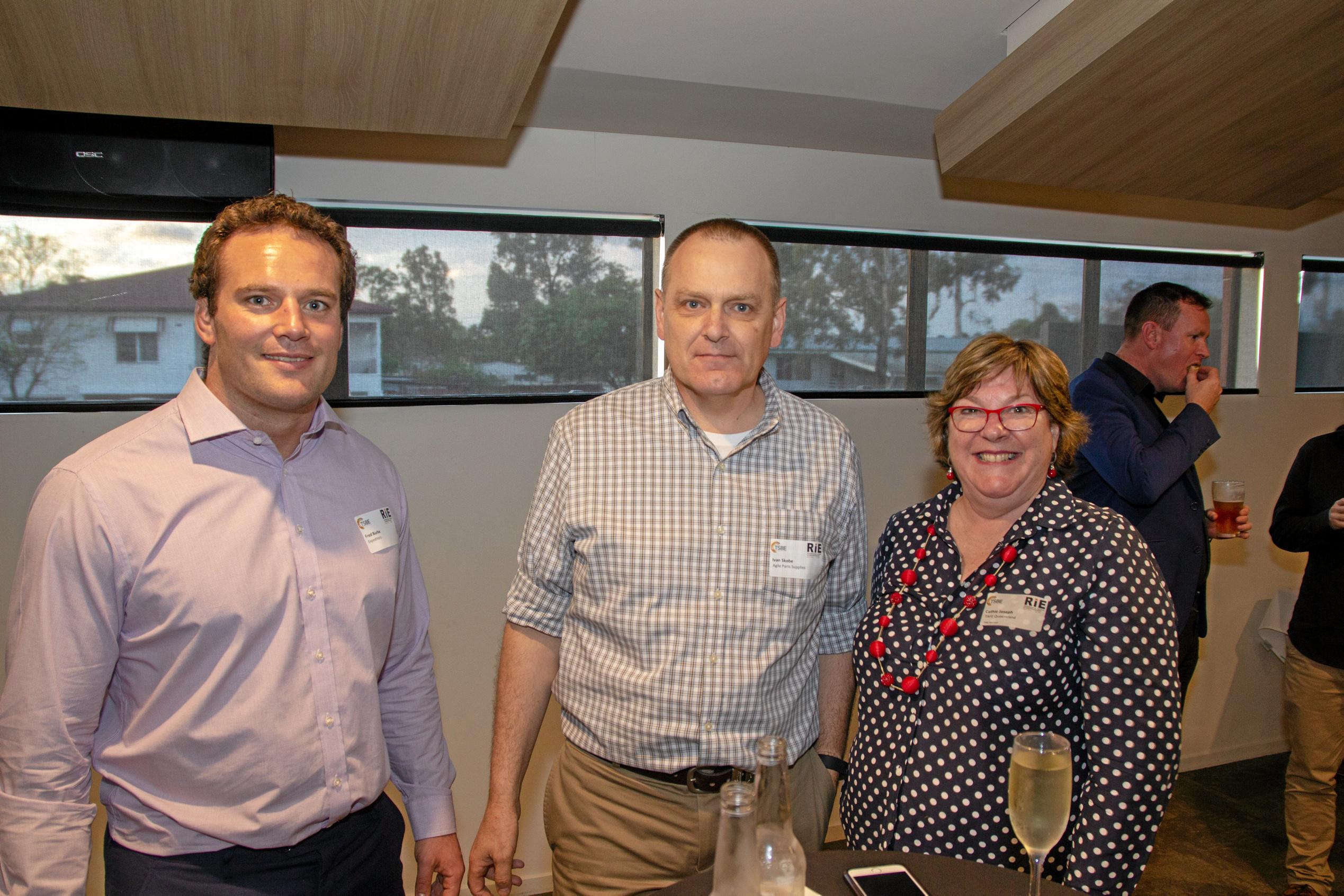 Fred Burke, Ivan Skobe, Cathie Joseph. at TSBE's October Enterprise Evening at the Dalby League's Club on October 11, 2018. Picture: Dominic Elsome