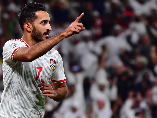 United Arab Emirates' forward Ali Mabkhout celebrates his goal. Picture: Giuseppe Cacace / AFP