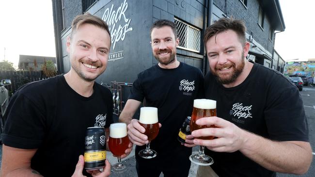 Black Hops Brewing Co founders Eddie Oldfield, Dan Norris and Michael McGovern pictured at their Burleigh business. Picture Mike Batterham