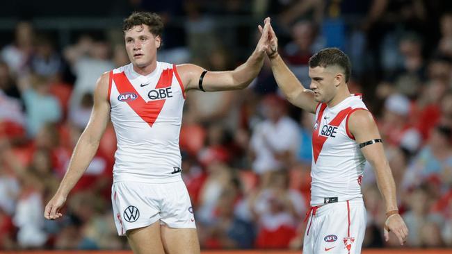 Hayden McLean (left) could be the unlucky Swan to make way for Franklin after playing in two big wins to start the season. Picture: Russell Freeman / Getty Images