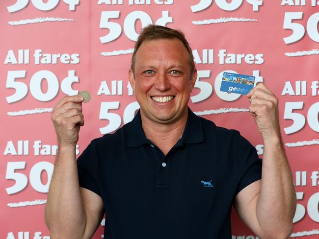 Then Premier Steven Miles promoting 50 cent public transport fares in the lead-up to last year’s state election. The measure has since been made permanent by the new LNP government. Picture: David Clark.