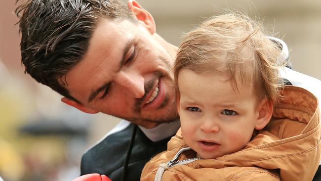 2018 AFL Grand Final Parade. Scott Pendlebury and son Jax. Picture: Mark Stewart