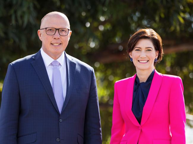 Peter Dutton, Leader of the Opposition with Nicolle Flint running for the South Australian federal seat of Boothby, outside the Repat Hospital in Adelaide. Picture by Matt Turner.