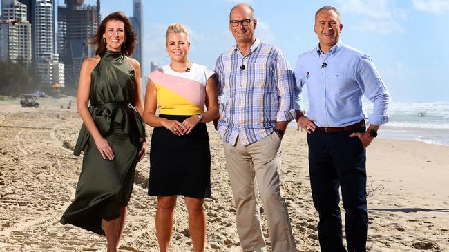 Channel 7's Sunrise stars Natalie Barr, Samantha Armytage, David Koch and Mark Beretta on the beach after their show at Kurrawa. Picture: Adam Head