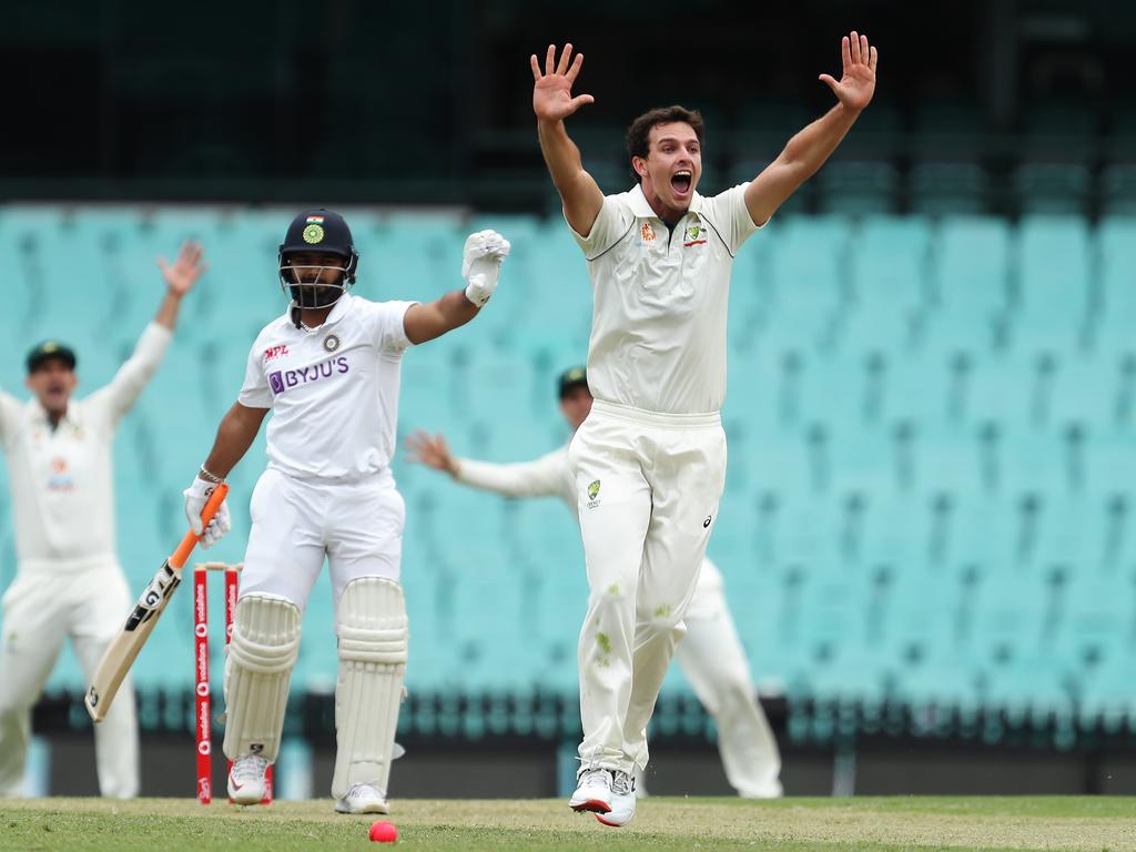 Jack Wildermuth of Australia A appeals for the wicket of Rishabh Pant.