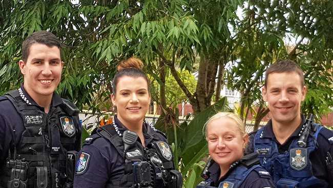 Indigenous police officer, Constable Aaron Hartwell (left) with other recruits at Murgon's Police station. Picture: Contributed