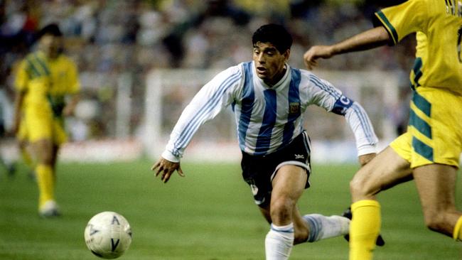 Diego Maradona in action against the Socceroos in Sydney in 1993. Picture: Pascal Rondeau/ALLSPORT