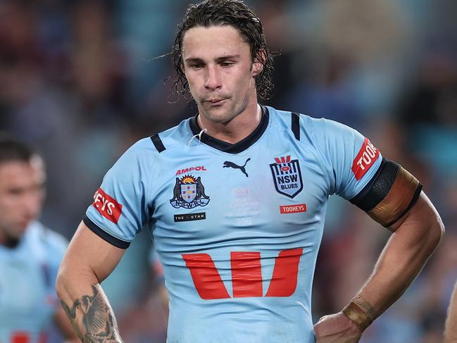 SYDNEY, AUSTRALIA - JUNE 05:  Nicho Hynes of the Blues reacts after a Maroons try during game one of the 2024 Men's State of Origin Series between New South Wales Blues and Queensland Maroons at Accor Stadium on June 05, 2024 in Sydney, Australia. (Photo by Cameron Spencer/Getty Images)