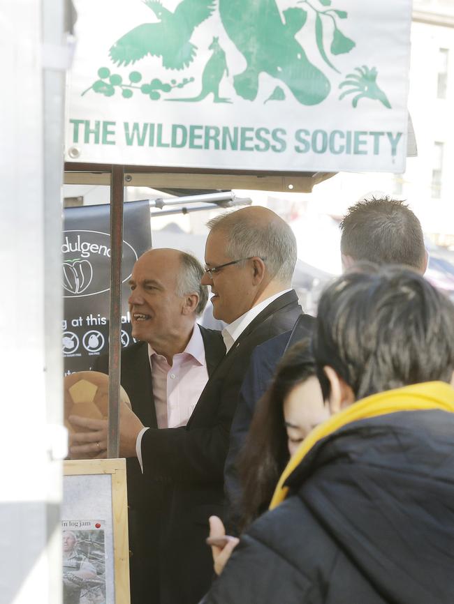 Prime Minister Scott Morrison visited Salamanca Market with Senator Eric Abetz in Hobart on his Tasmania trip. Picture: MATHEW FARRELL