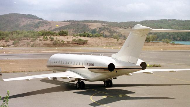 Bill Gates private jet parked on tarmac of Hamilton Island as he holidayed on Hayman Island in 2000. Picture: David Sproule