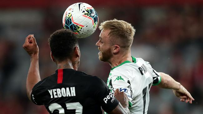 The Wanderers’ Kwame Yeboah (left) and Western United’s Connor Pain compete for the ball. Picture: Getty Images