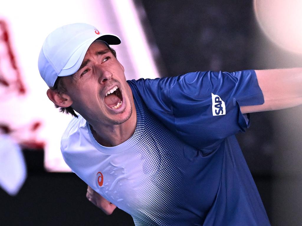 Australia's Alex de Minaur celebrates victory against Francisco Cerundolo. Picture: William West./AFP.