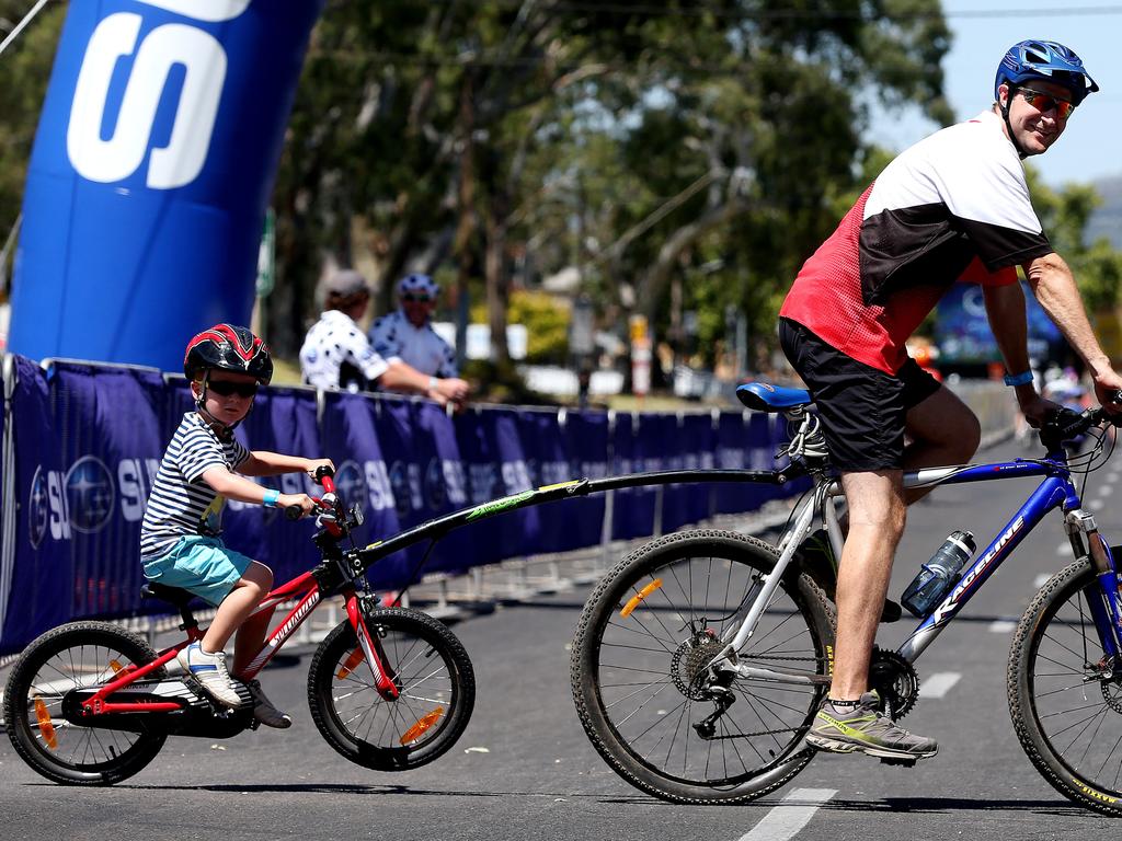 Megan and William Loffler ride in the Bupa Family Ride in Adelaide's East End. Photo: Calum Robertson.