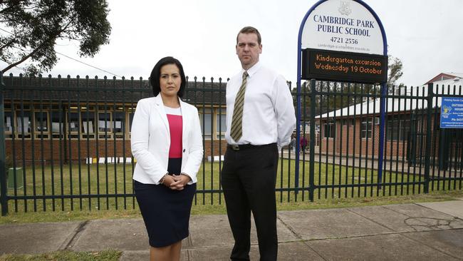 Londonderry MP Prue Car with Teachers Federation organiser Michael de Wall outside overutilised Cambridge Park Public. Ms Car believes Jordan Springs’ planned primary school will ease any pressure.