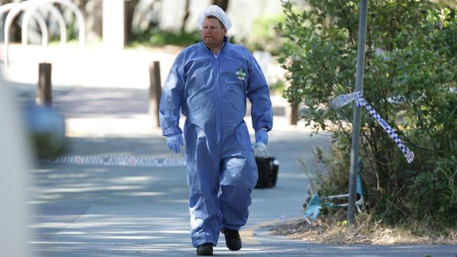 Forensic police at the scene of John Kerr’s death at Noosa Heads on Sunday morning. Picture: Lachie Millard