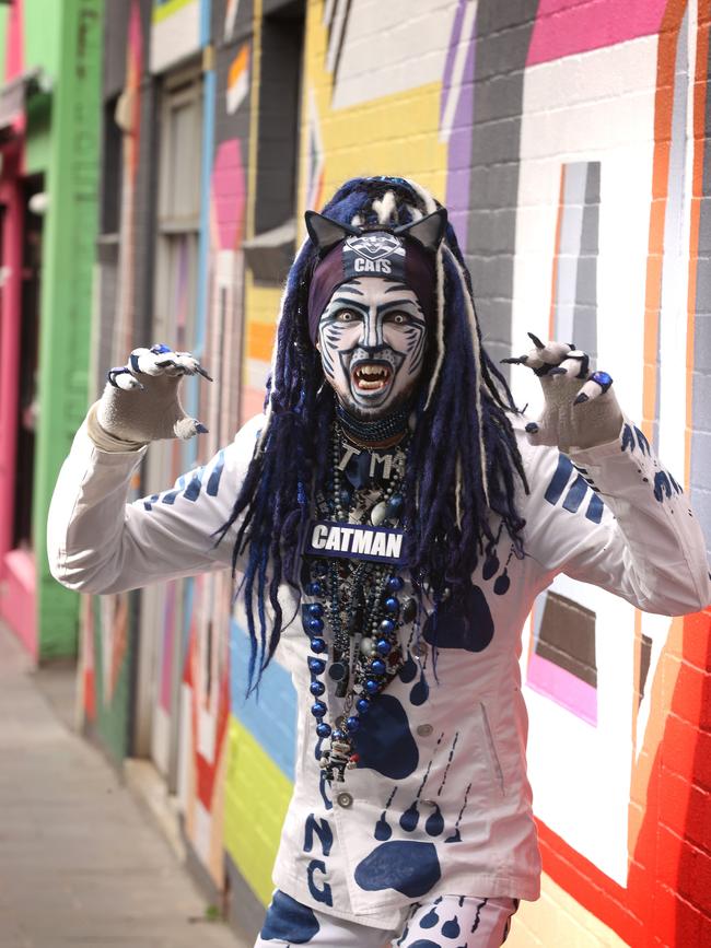 "Catman" Troy West from the Geelong footy cheer squad with his new fangs at Totally Smiles Geelong. Picture: Alison Wynd