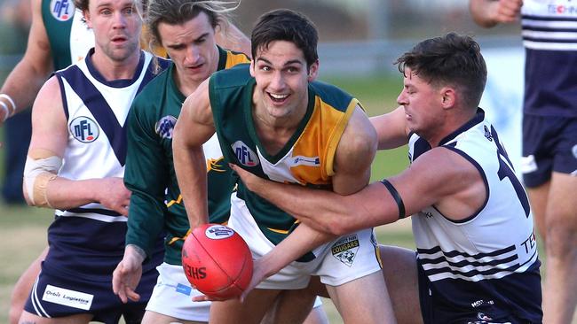 Ash Close kicked 10 goals for Northcote Park on Saturday and performed his moose celebration. Picture: Hamish Blair.