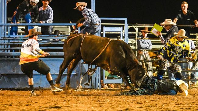 Rodeo protection athlete Harley Schofield says the riders face more danger than him. Picture: Redhot Photography