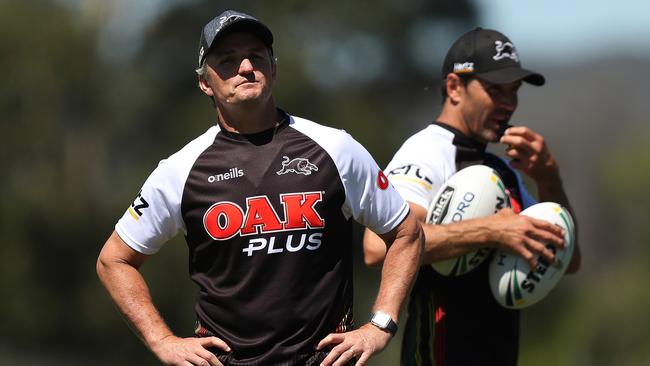 Coach Ivan Cleary and assistant coach Trent Barrett during Panthers training. Picture: Brett Costello