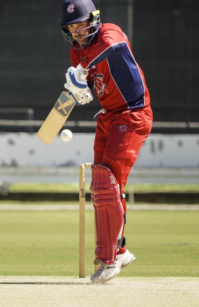 Melbourne batsman Blake Thomson defends. Picture: Valeriu Campan