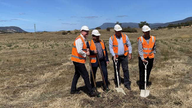 L-R Education Minister Roger Jaensch, Brighton Mayor Leigh Gray, Liberal Lyons MP John Tucker and Fairbrother southern Tasmania manager Phillip de Jong turning the first sod for the new Brighton High School