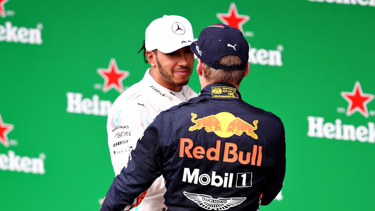 Hamilton congratulates Verstappen in Brazil.