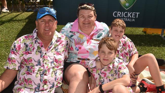 Game three of Dettol ODI series between Australia and Zimbabwe at Riverway Stadium. Peter and Peta Mitchell with Liam, 13, and Andrew, 13. Picture: Evan Morgan