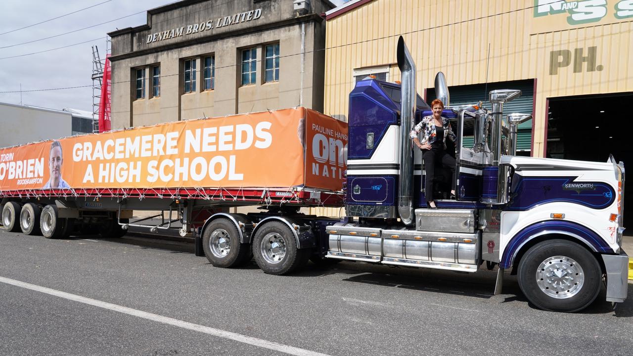 STAR POWER: One Nation leader arrived into Rockhampton in a semi-trailer emblazoned with One Nation's Rockhampton candidate Torin O'Brien's face along with the words "Gracemere needs a high school".