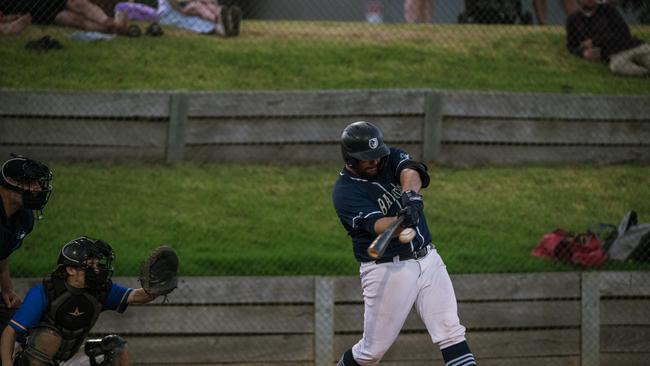 Lewis Weldon crushes the ball against Williamstown. Picture: Jackson Geall.