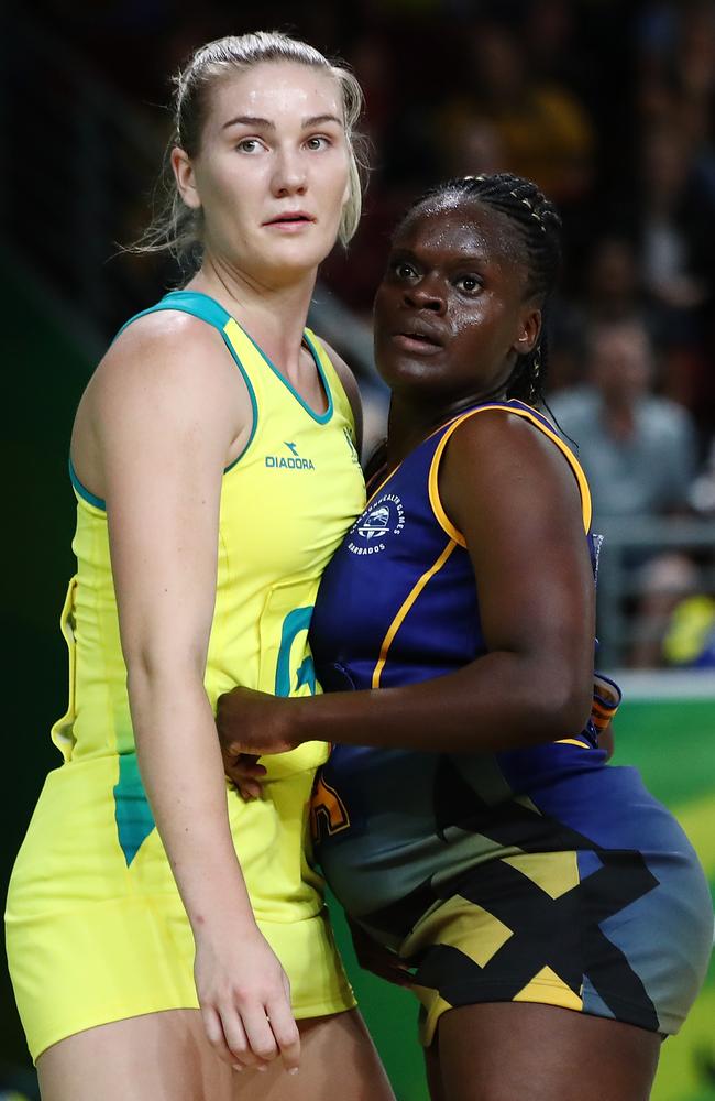 Australia’s Courtney Bruce faces off against Shonica Wharton. Picture: Hannah Peters/Getty Images