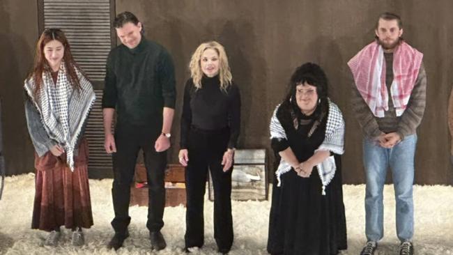 Harry Greenwood, right, Megan Wilding, second right, and Mabel Li, left, wore keffiyeh scarves during the encore at the opening night of The Seagull at Roslyn Packer Theatre. Picture: Instagram