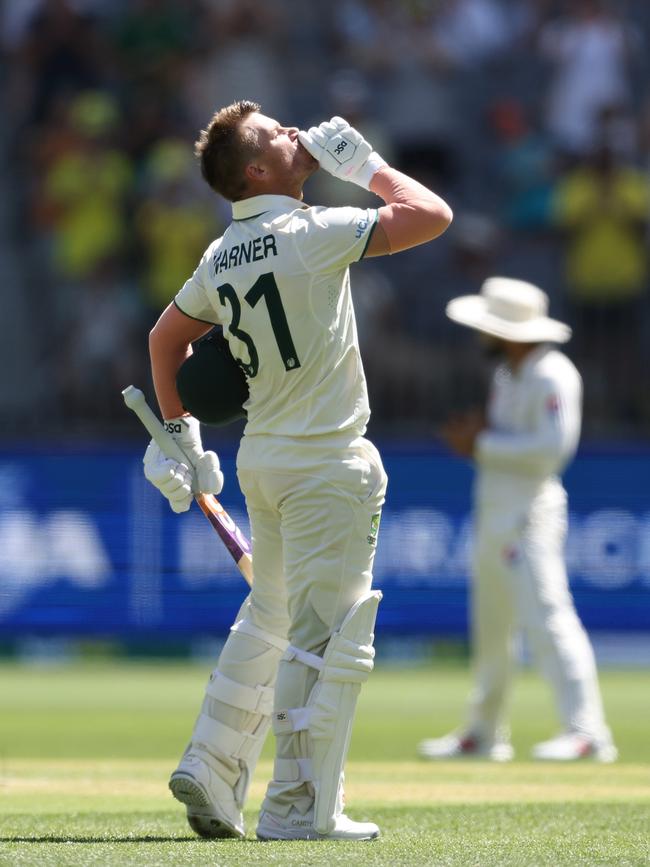 A very animated Warner celebrating his century against Pakistan in Perth. Picture: Paul Kane/Getty Images