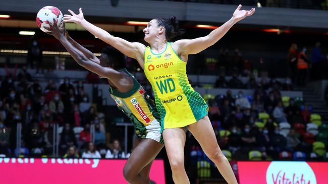 Ash Brazill goes for an intercept in the Diamonds’ win over South Africa during the 2022 Netball Quad Series match at Copper Box Arena. Photo: Getty Images