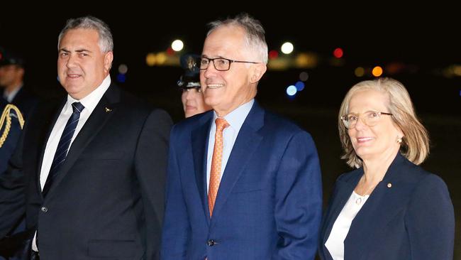 Hockey meets Malcolm and Lucy Turnbull before the former PM’s meeting with US President Donald Trump. Picture: Nathan Edwards