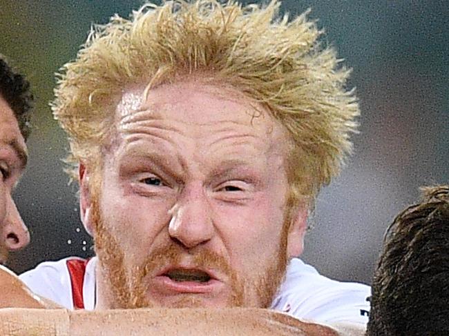 James Graham of England is tackled by Travis Robinson (left) and Mitchell Moses of Lebanon during the Pool A Rugby League World Cup match between England and Lebanon at the Sydney Football Stadium in Sydney, Saturday, November 4, 2017. (AAP Image/Dan Himbrechts) NO ARCHIVING, EDITORIAL USE ONLY