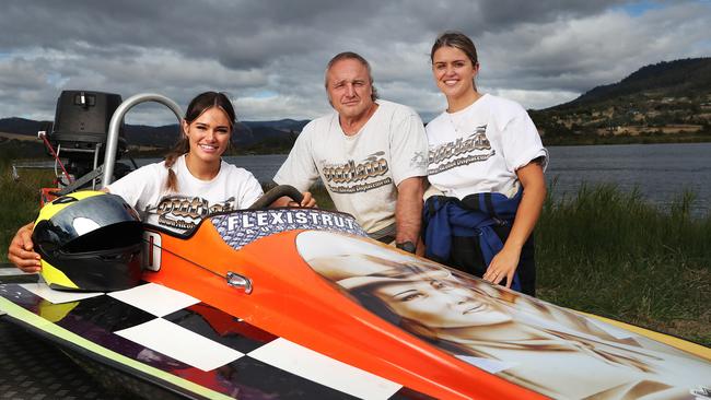 Chris Palmer with daughters Grace Vanderfeen and Georgia Palmer, who all race powerboats. Picture: Nikki Davis-Jones