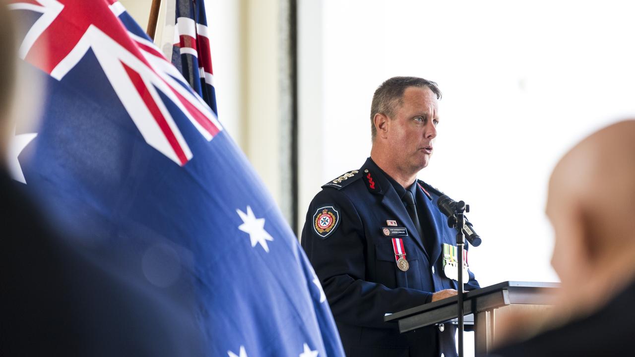 QFES Chief Superintendent Jason Lawler reads the commissioner's address during the Firefighters Remembrance Day service at Kitchener Street Fire Station, Sunday, October 10, 2021. Picture: Kevin Farmer