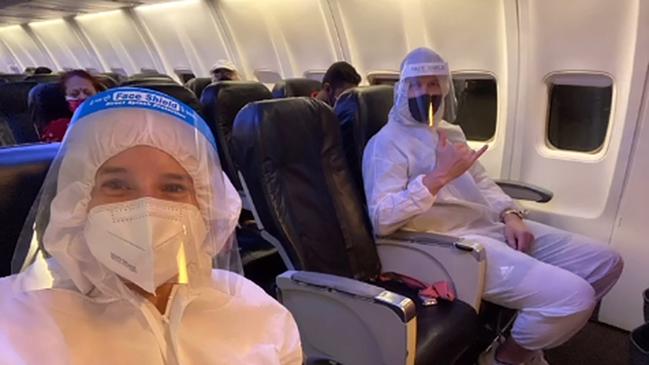 Sports broadcaster Neroli Meadows and Brett Lee start their journey home from India. Picture: Instagram