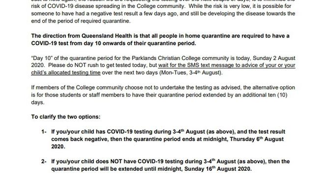 The letter sent to Parklands Christian College families on the weekend