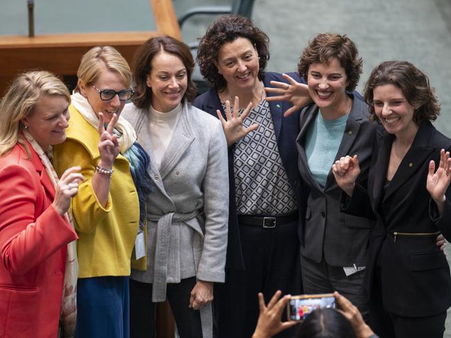 CANBERRA, AUSTRALIA - NewsWire Photos June 28, 2022: Independet MP's Zoe Daniel, Sohpie Scamps, Allegra Spender, Monique Ryan, Kate Chaney pose for a photograph at Parliament house, Canberra. Picture: NCA NewsWire / Martin Ollman