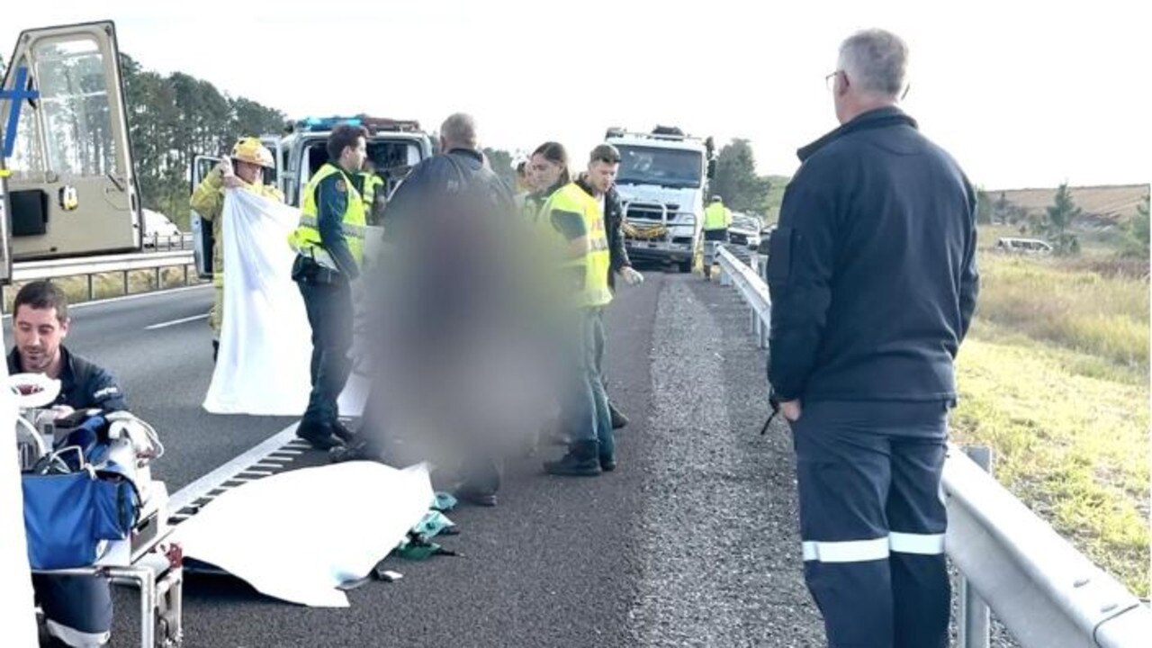 The Sunshine Coast-based RACQ LifeFlight Rescue helicopter crew has flown after a car collided with the back of her motorcycle on the Bruce Highway, causing her to lose control and crash.