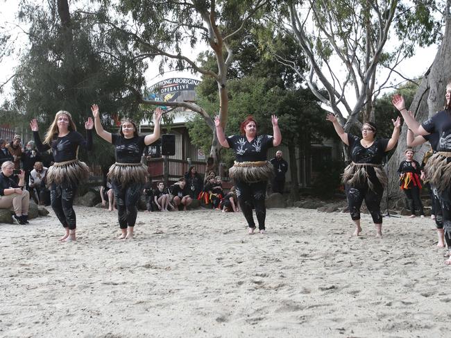 Wathaurong Dancers. Dancing, flag raising and a community day was held at Wathaurong Aboriginal Co-operative on Monday to mark the start of NAIDOC Week 2021. Picture: Alan Barber