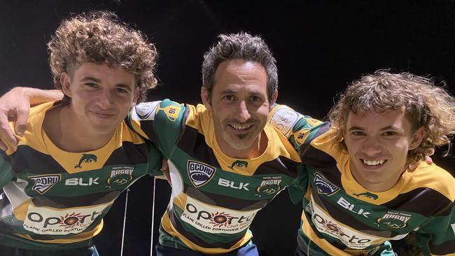 Rocco Gollings, 15, Ben Gollings, 40, and Woody Gollings, 17, will play alongside each other for the first time on Saturday. Picture: Nic Darveniza