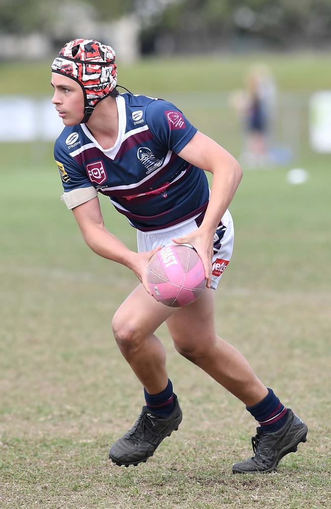 RUGBY LEAGUE: Justin Hodges and Chris Flannery 9s Gala Day. Mountain Creek State High (white shorts) V Morayfield State High, year 10. Picture: Patrick Woods.