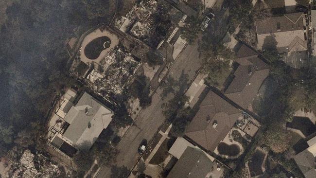 Aerial image after the fire hit Riviera Dr, Pasadena. Picture: Nearmap