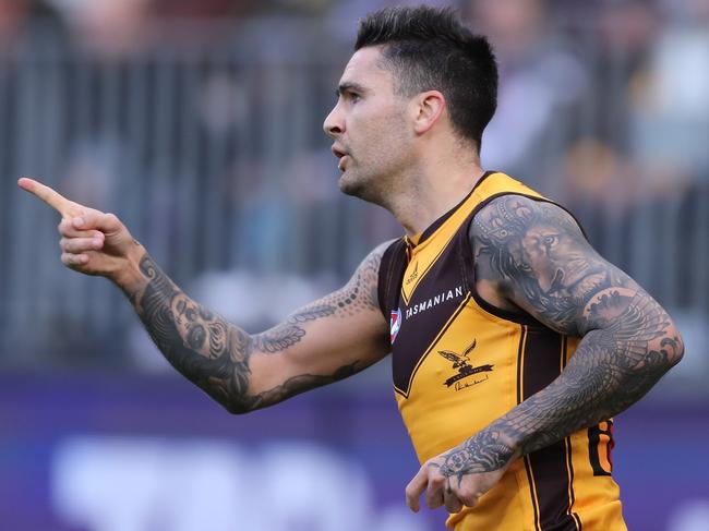 PERTH, AUSTRALIA - JUNE 11: Chad Wingard of the Hawks celebrates after scoring a goal during the 2022 AFL Round 13 match between the Fremantle Dockers and the Hawthorn Hawks at Optus Stadium on June 11, 2022 in Perth, Australia. (Photo by Will Russell/AFL Photos via Getty Images)