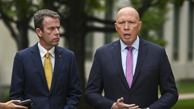 Opposition immigration spokesman Dan Tehan and Opposition Leader Peter Dutton in Canberra on Wednesday. Picture: NCA NewsWire / Martin Ollman