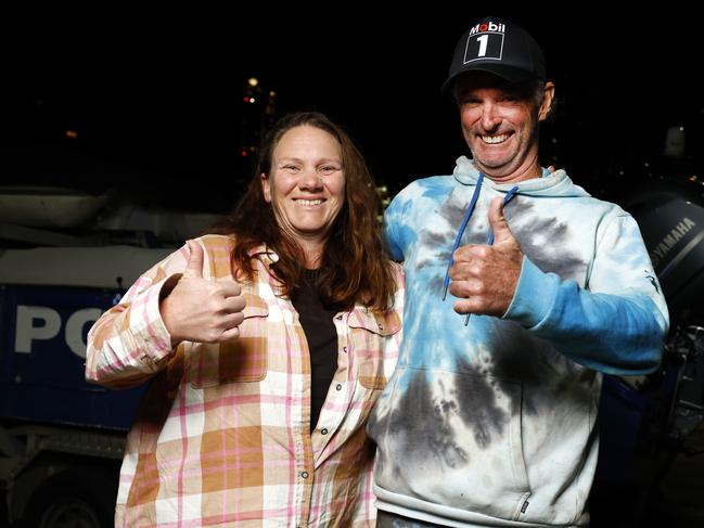 DAILY TELEGRAPH SEPTEMBER 3, 2024. Sailors Lisa and Brett who were rescued by Police from their yacht Spirit of Mateship off Nowra, arriving back at the NSW Police Marine Area Command in Balmain. Picture: Jonathan Ng